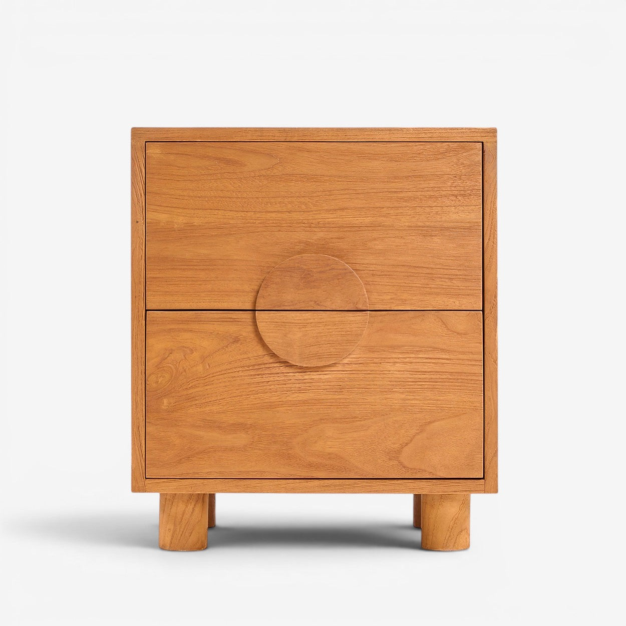 Kayu Living Eclipse solid teak nightstand with two drawers and a unique circular handle in a natural wood finish.