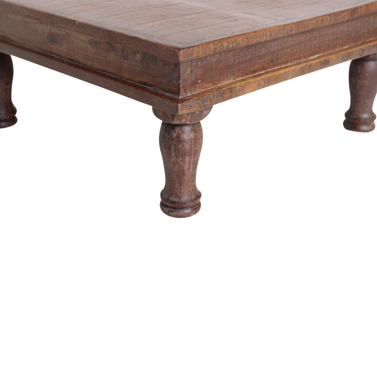 Kayu Living Factory Bajot side table made from recycled Indian wood with hand-turned legs and a rustic patina.