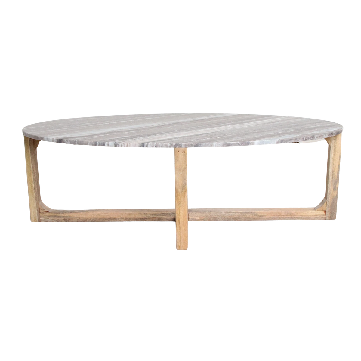 Kayu Living oval Fantasy Brown marble coffee table with brown, gray, and white veining on a sustainable mango-wood base