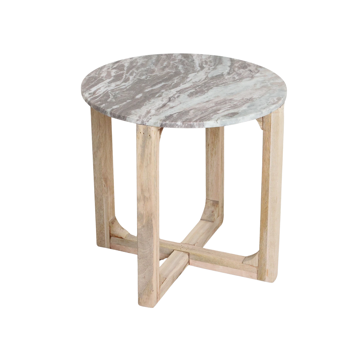 Kayu Living round side table with a Fantasy Brown marble top and sustainably sourced Indian mango wood base.