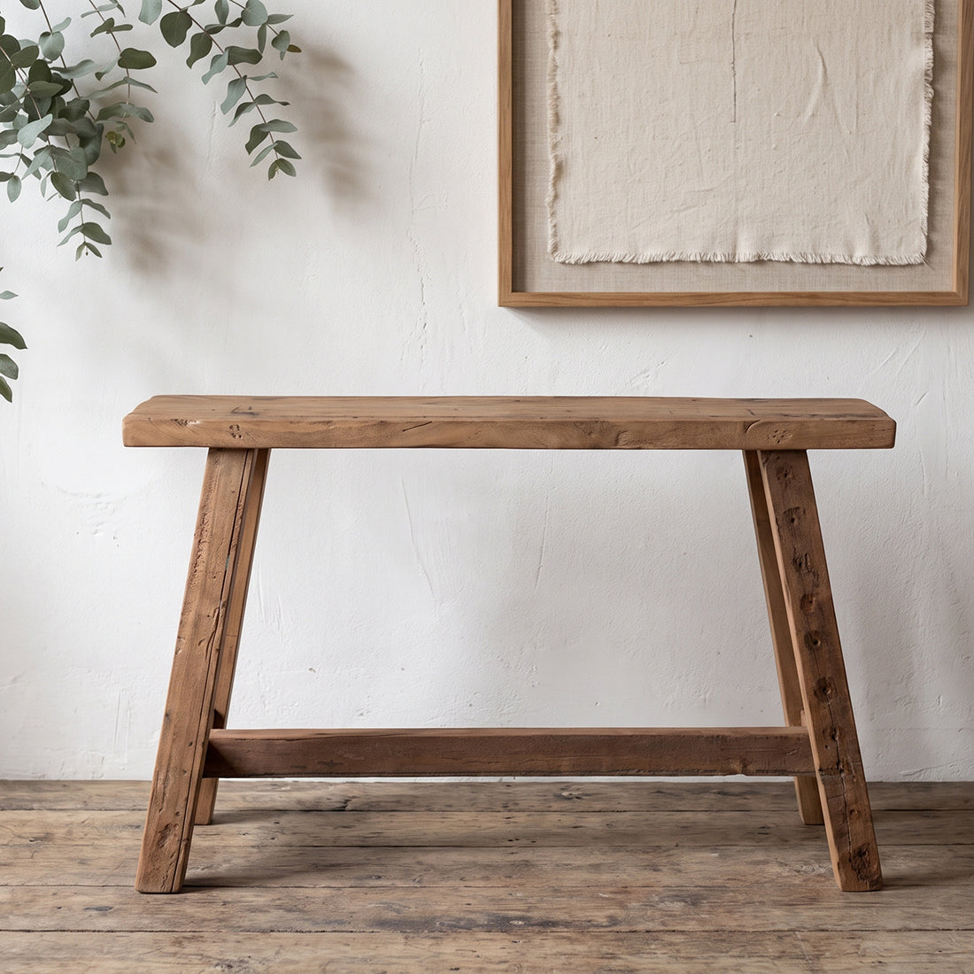 Kayu Living Farmwood 85cm bench made from reclaimed FSC-certified Indian wood with a rustic natural patina.