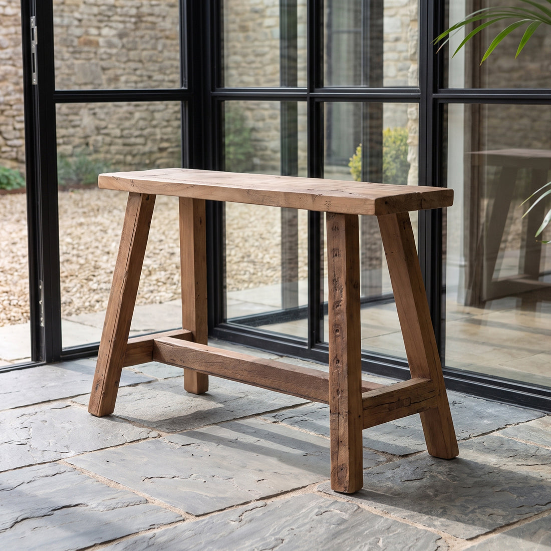 Kayu Living Farmwood 85cm bench made from reclaimed FSC-certified Indian wood with a unique rustic grain and patina.