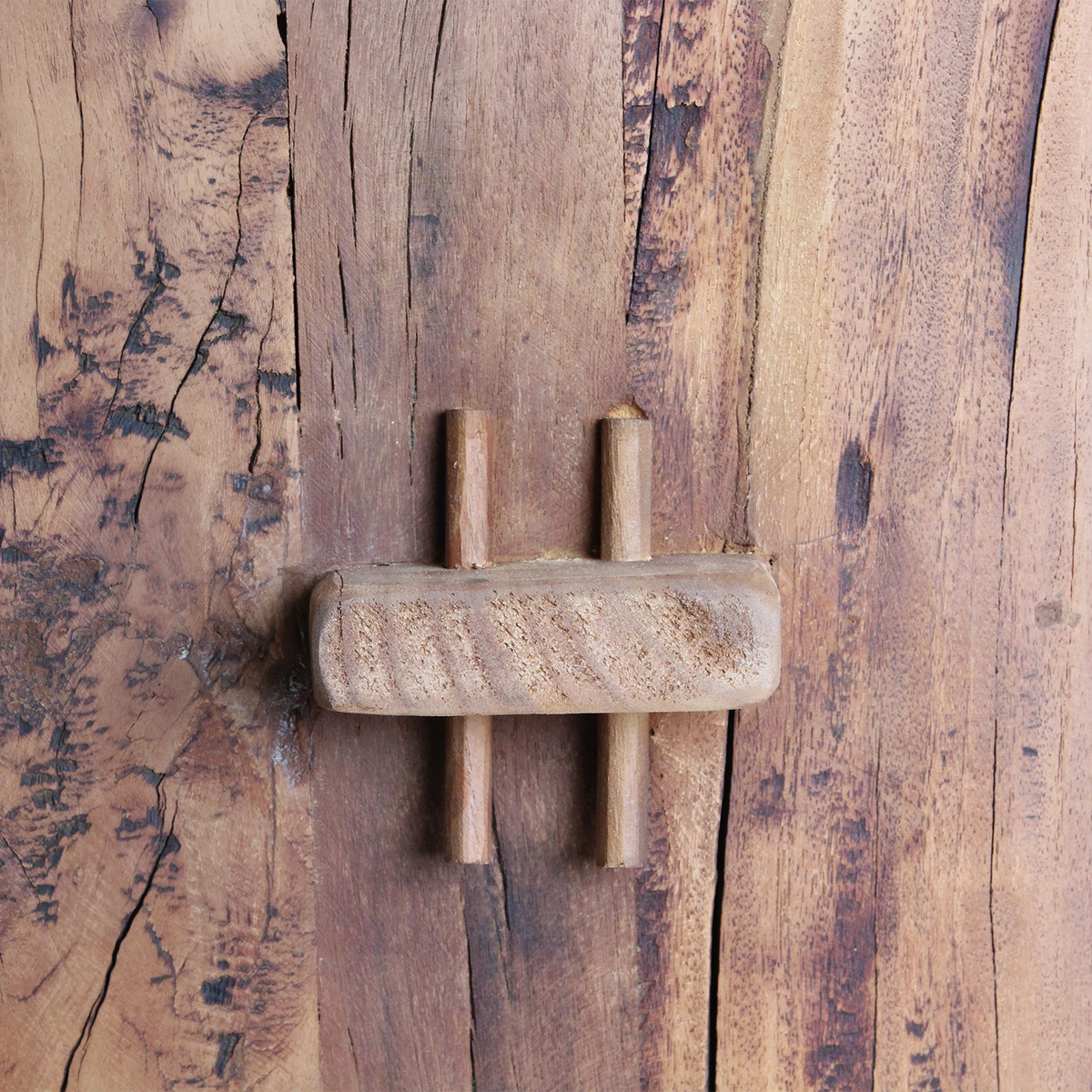 Kayu Living Farmwood storage rack detail showing reclaimed brown wood grain and traditional wooden joinery