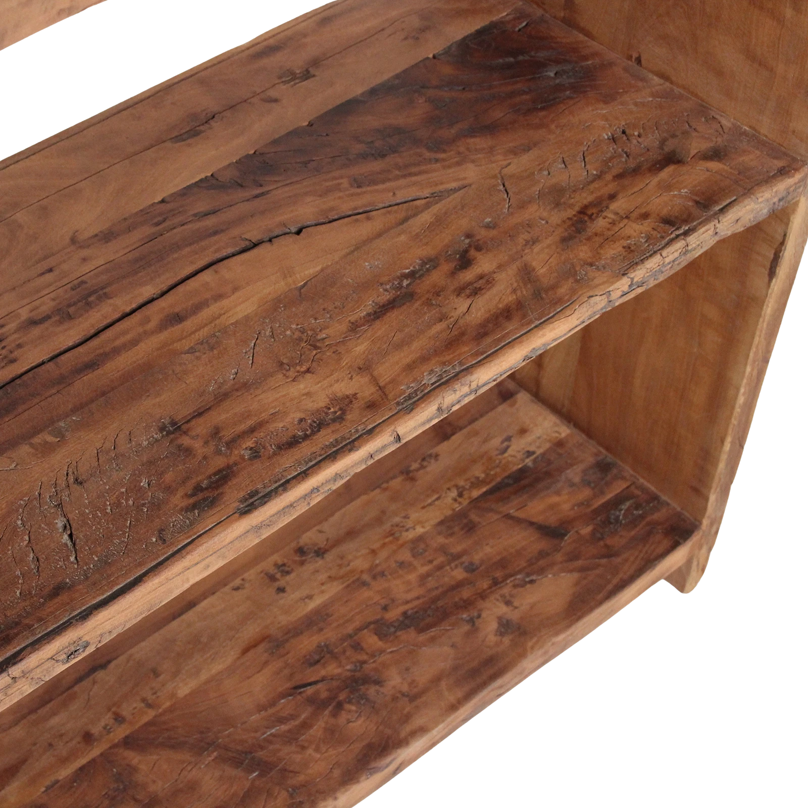 Kayu Living Farmwood storage rack featuring reclaimed brown wood with unique grain and rustic patina.