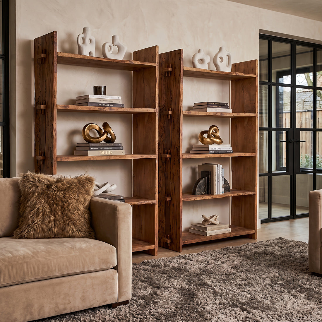 Kayu Living Farmwood storage rack set made from warm brown reclaimed FSC-recycled wood with unique grain patterns.