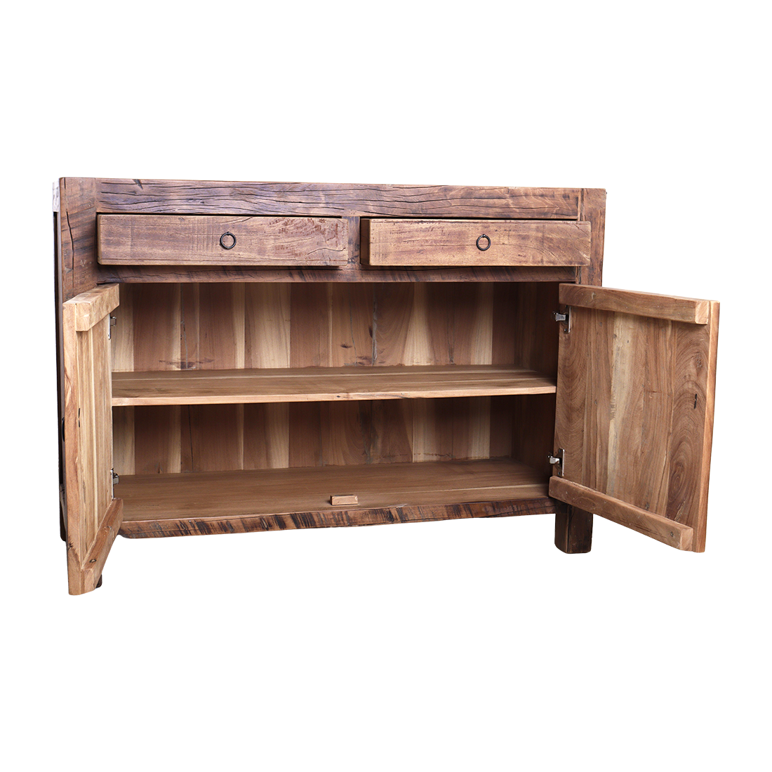 Kayu Living Farmwood sideboard made of reclaimed wood with two drawers and open cabinet doors showing interior shelf.
