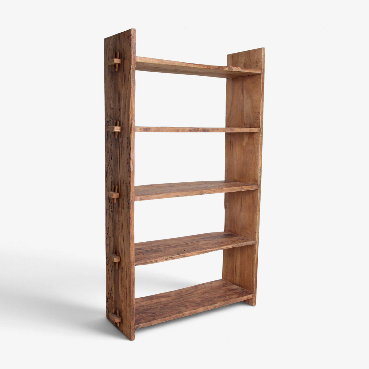 Kayu Living Farmwood storage rack made from reclaimed brown wood with unique grain and industrial shelving design.