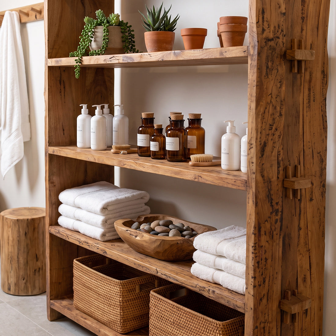 Kayu Living Farmwood storage rack made from reclaimed brown wood with natural grain, styled with towels and decor.