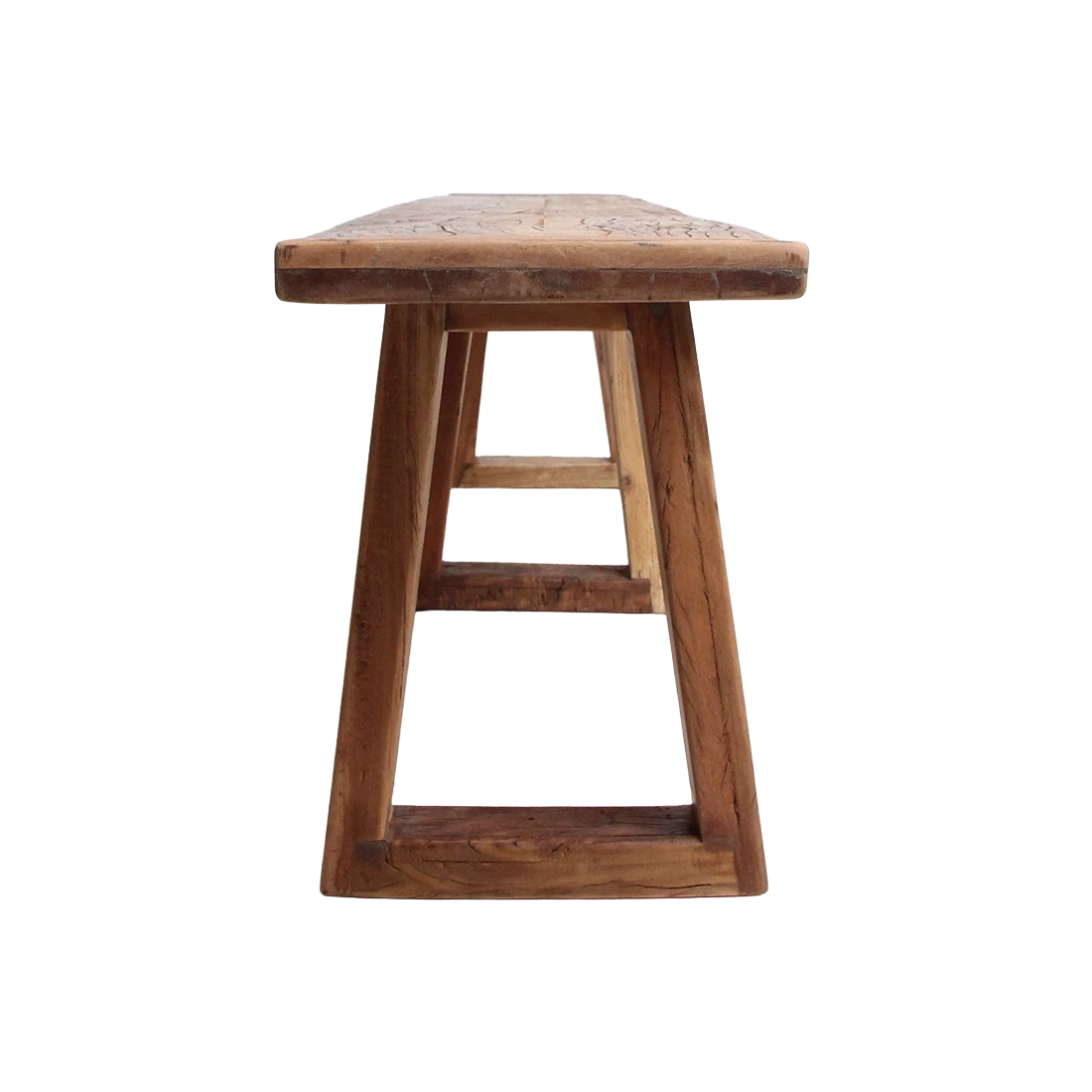 Kayu Living Farmwood 200 cm dining bench made from recycled wood with a rustic grain and sturdy base, side view.
