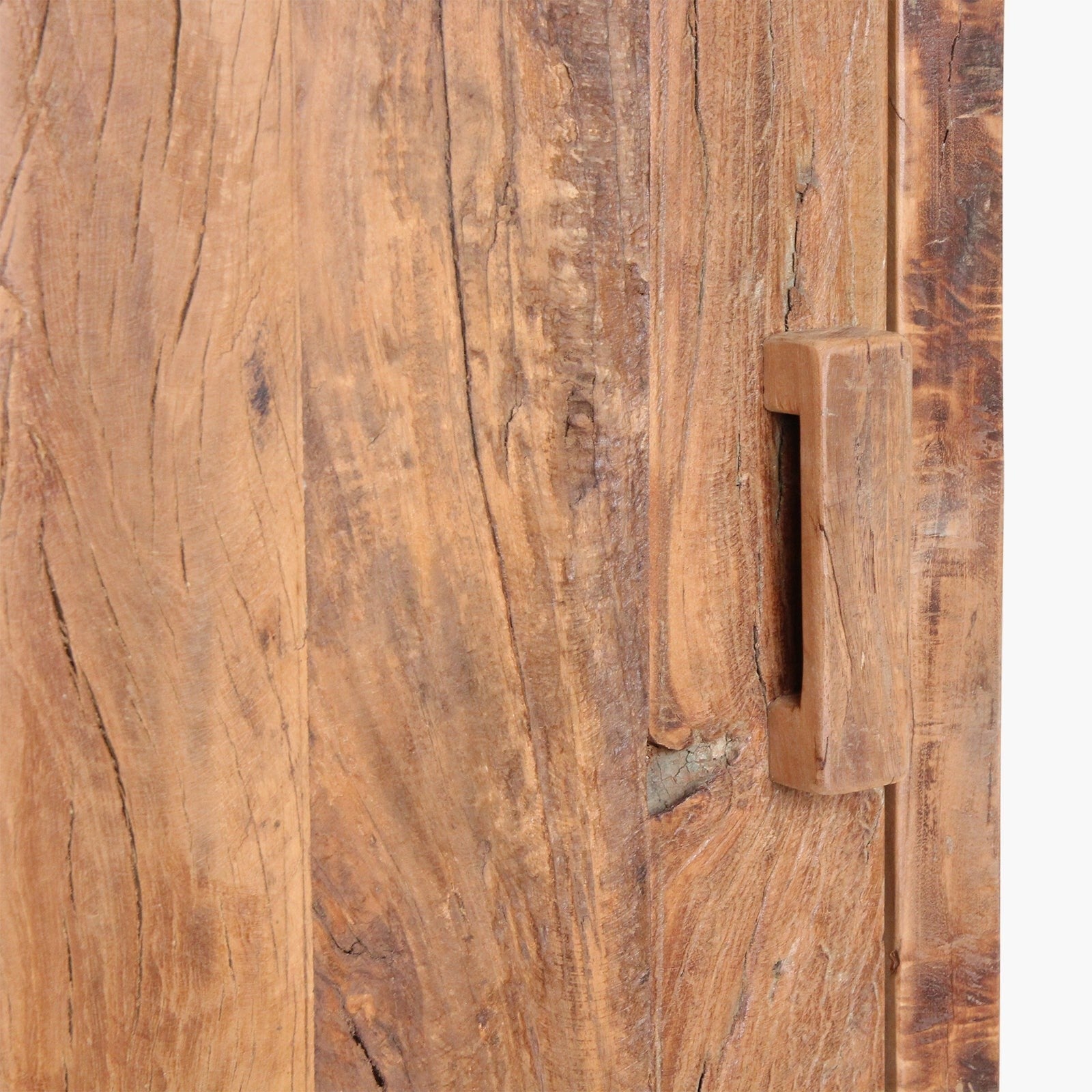 Close-up of Kayu Living Farmwood cabinet door showing textured reclaimed FSC-recycled wood and integrated handle
