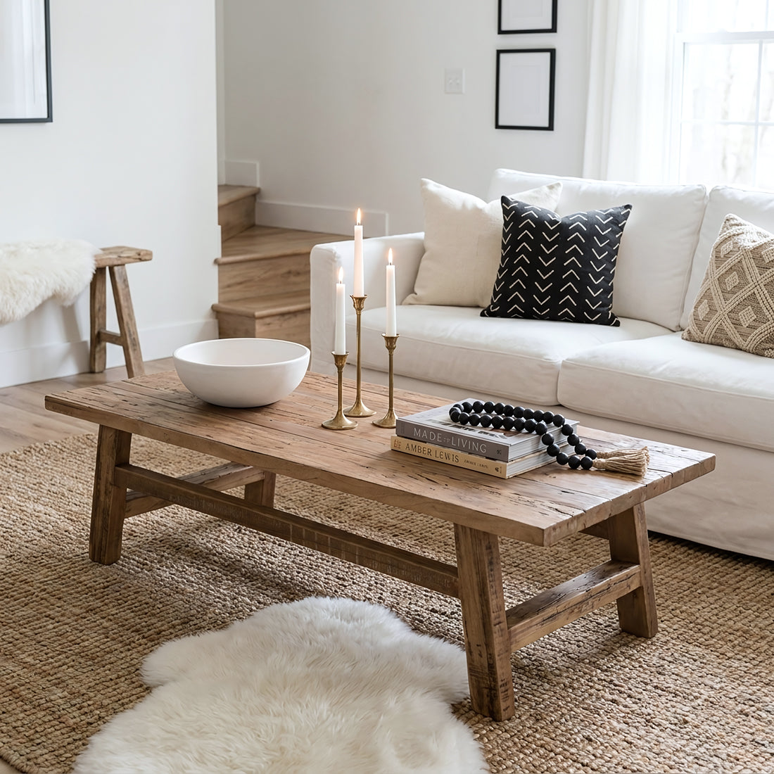 Kayu Living Farmwood rectangular coffee table made from recycled wood with natural knots in a bright living room.