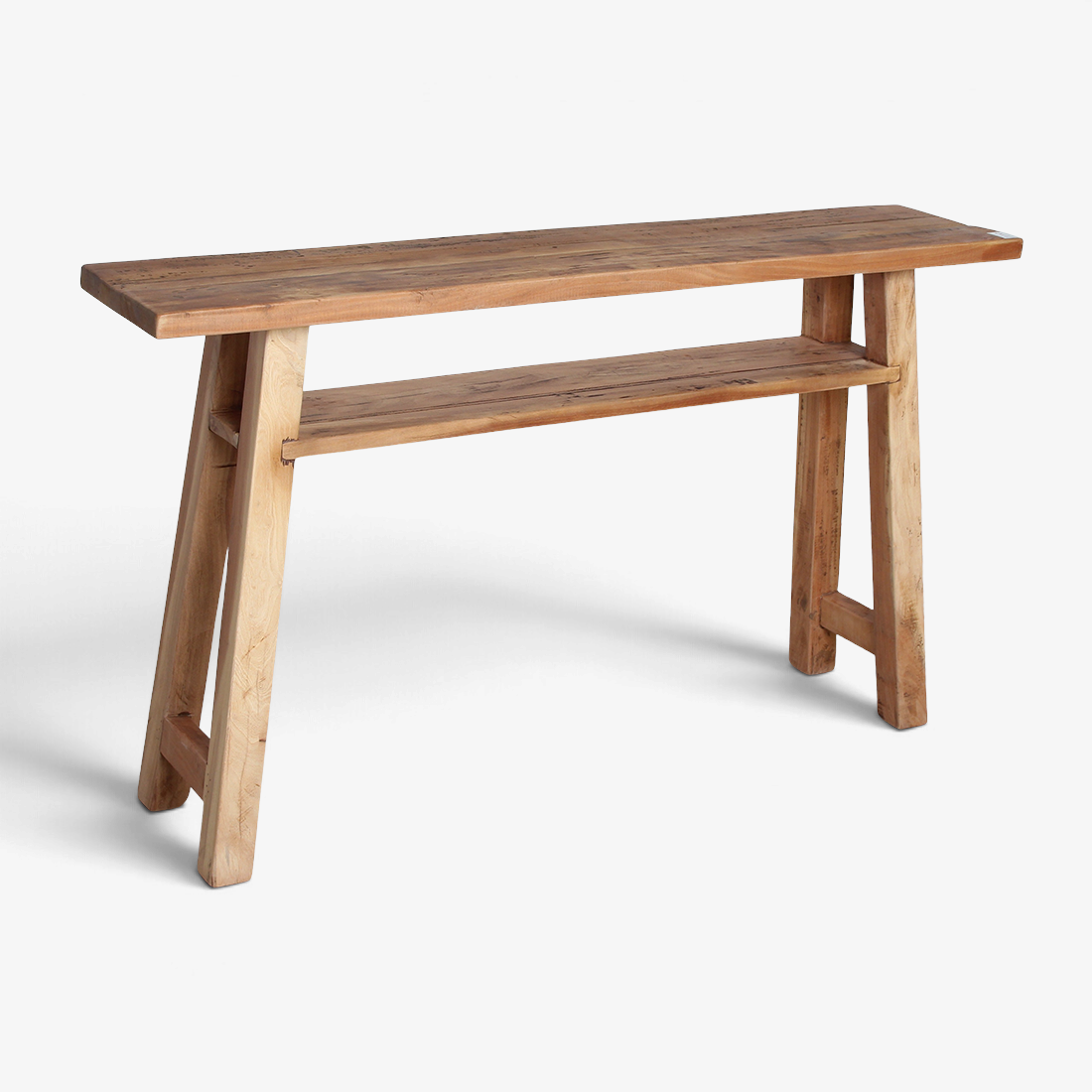 Kayu Living Farmwood console table made from recycled wood with a lower shelf and natural grain texture.
