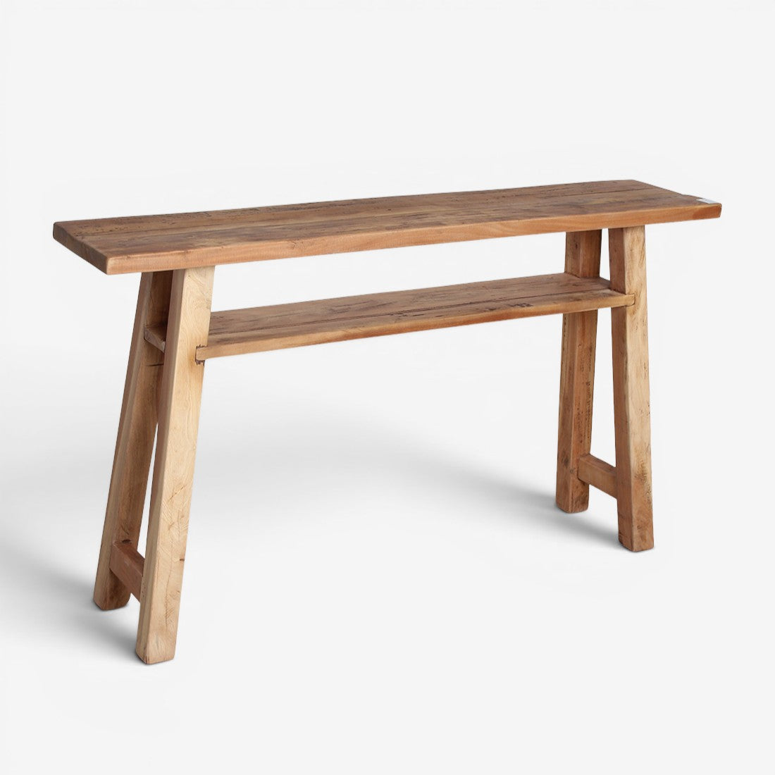 Kayu Living Farmwood console table made from recycled wood with a lower shelf and natural rustic grain texture.