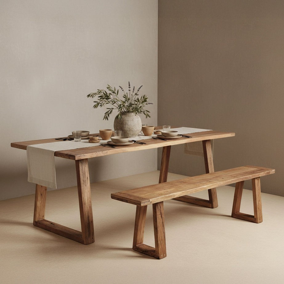 Kayu Living Farmwood 180 cm dining bench made from recycled wood with a rustic grain finish in a minimalist dining room.