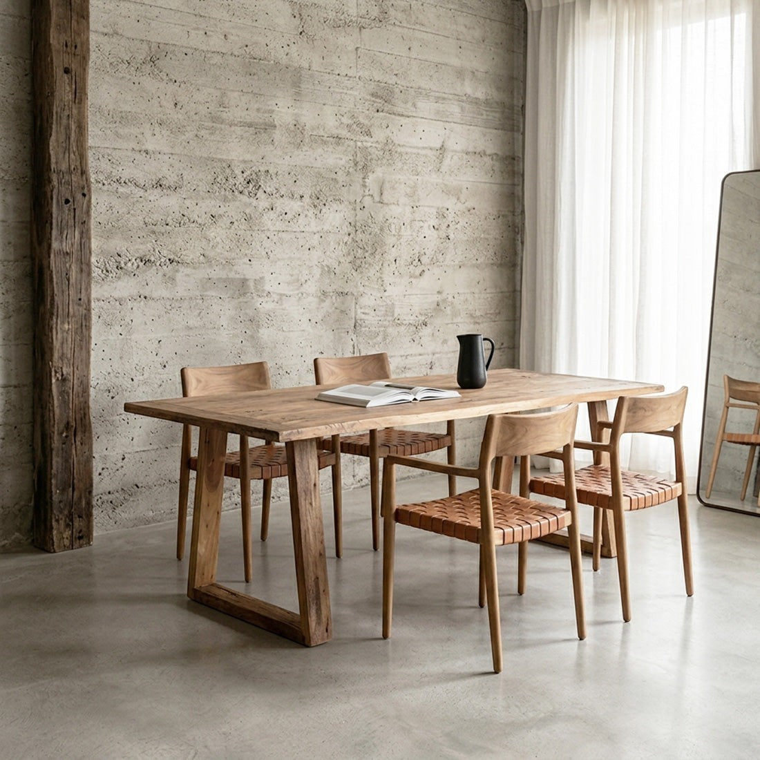 Kayu Living Farmwood dining table in brown recycled wood with natural grain and knots in a modern rustic dining room.