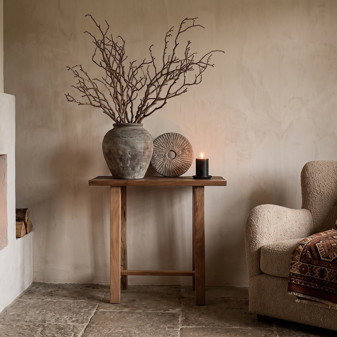 Kayu Living Farmwood wall table made from FSC recycled wood with natural grain, styled in a rustic living room.