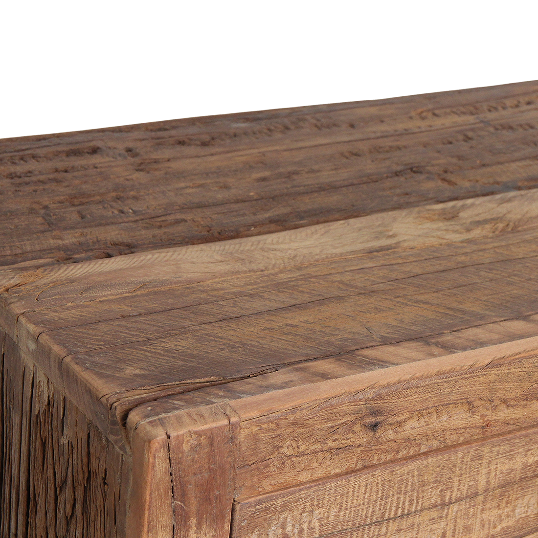Kayu Living Farmwood sideboard top surface showing rustic brown recycled wood with natural grain and knots.