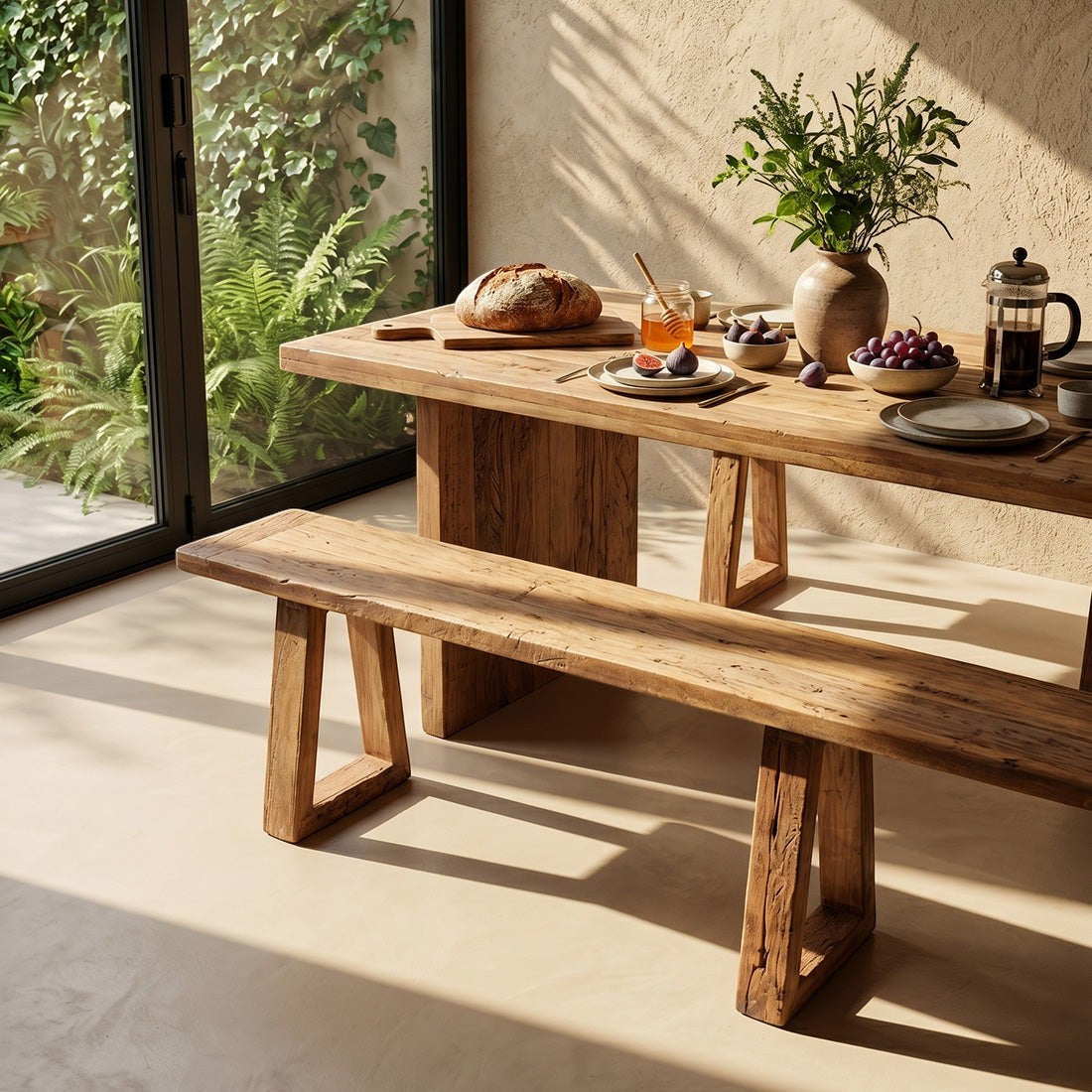 Kayu Living Farmwood waterfall dining table and matching bench made from reclaimed timber in a sunlit dining room.