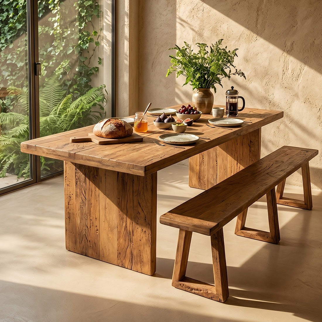 Kayu Living Farmwood waterfall dining table and matching bench made from reclaimed timber with natural grain details.