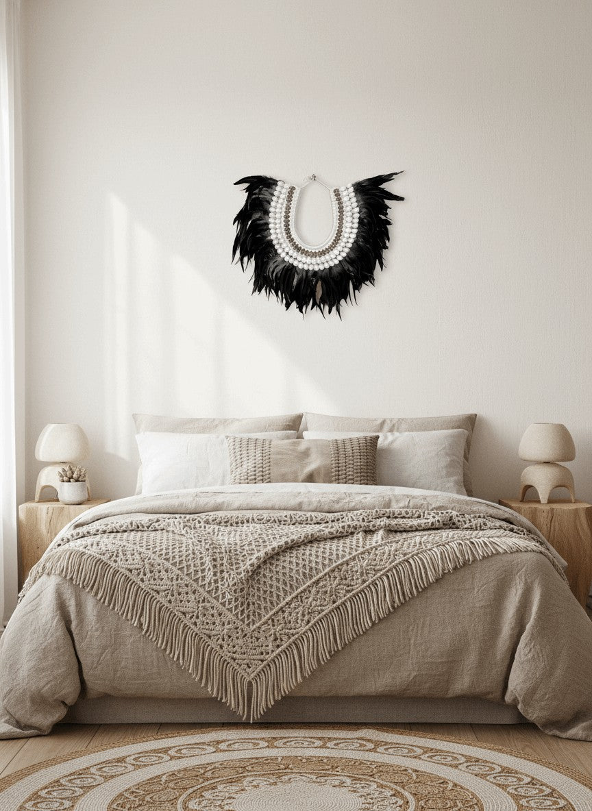 Kayu Living Charcoal Ivory feather necklace with shells, handcrafted in Bali, bohemian wall decor.