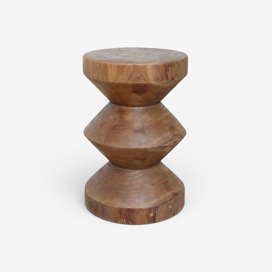 Kayu Living Forma Rizo handcrafted solid teak side table with a stacked geometric hourglass design in warm wood tone.