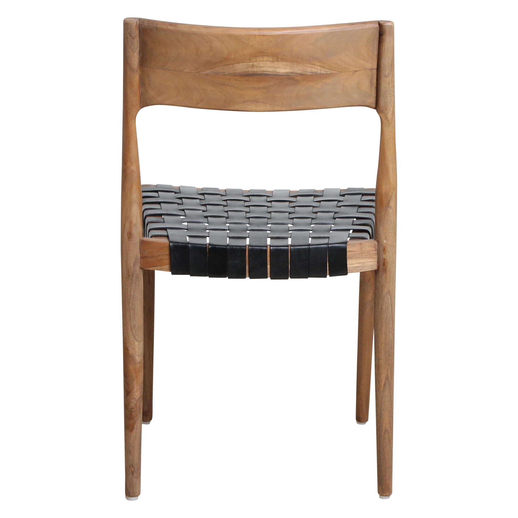 Kayu Living Freya dining chair with natural wood frame and black woven leather seat. Modern Scandinavian style.