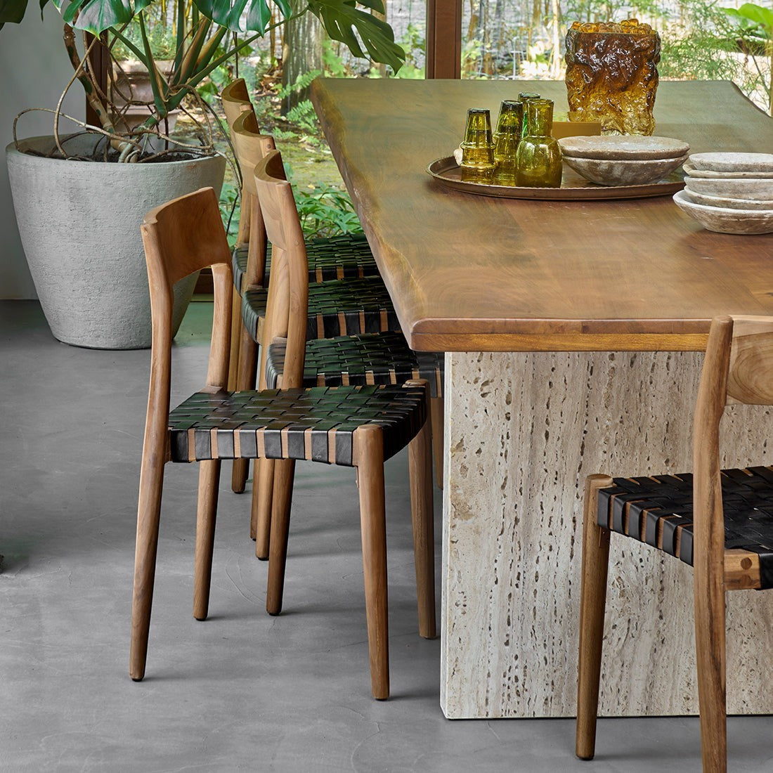 Kayu Living Freya dining chair with black woven leather seat and natural wood frame, set of 2.
