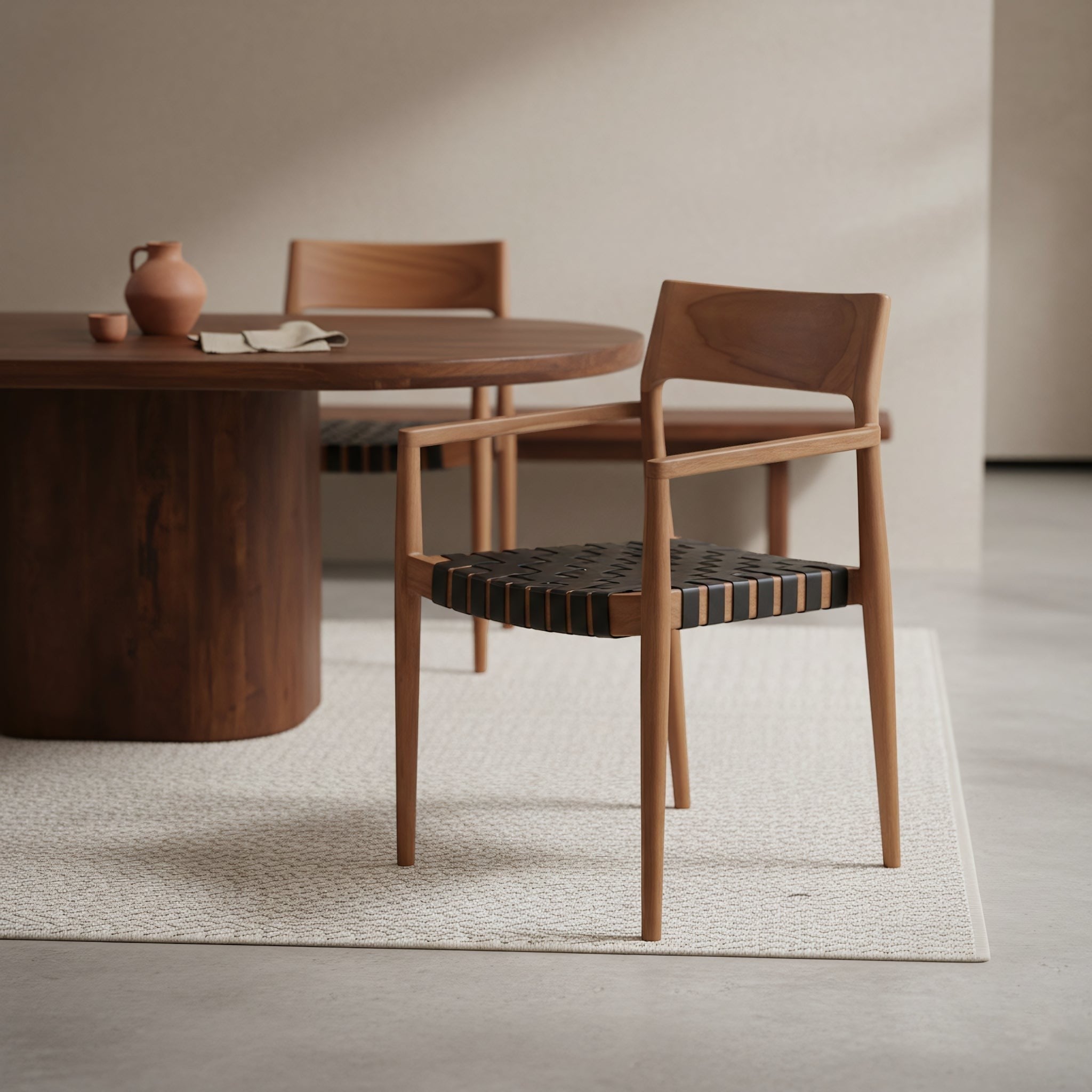 Kayu Living Freya dining chair with armrests in natural wood and black leather seat, perfect for industrial or boho interiors.