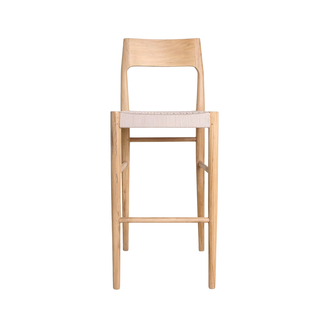 Kayu Living Freya bar stool in solid teak wood with a beige woven synthetic rope seat, front view.