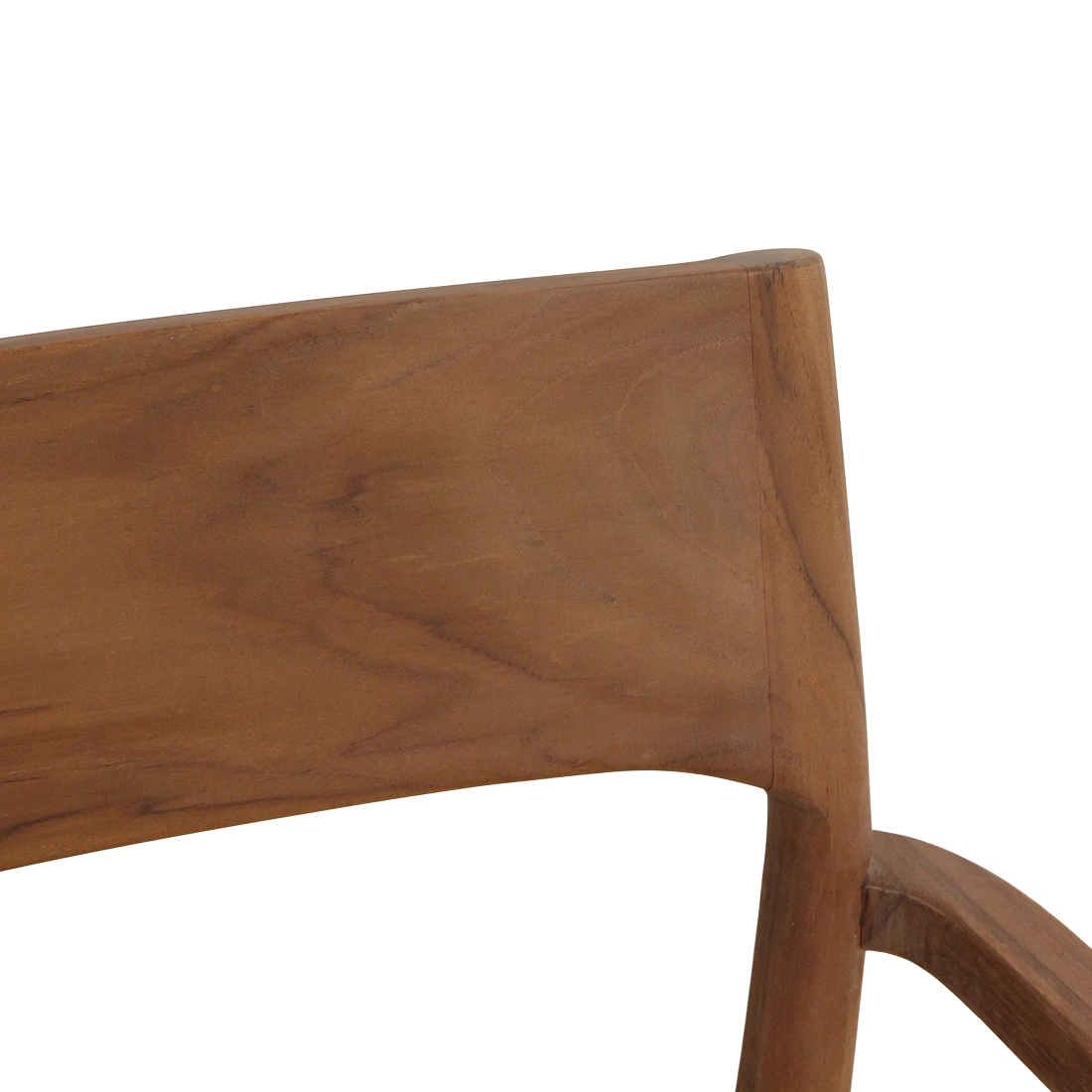 Kayu Living Freya teak dining chair with armrests featuring a smooth brown wood grain finish.