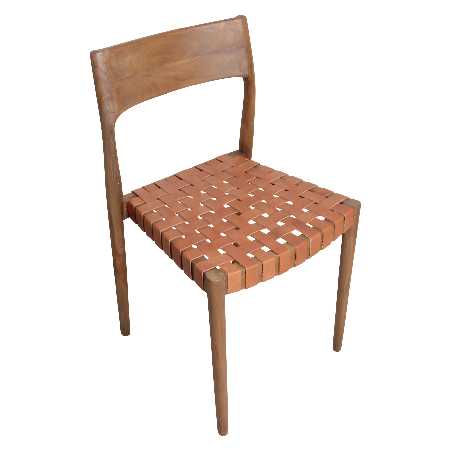 Kayu Living Freya teak dining chair with woven natural leather seat, industrial Scandinavian style.