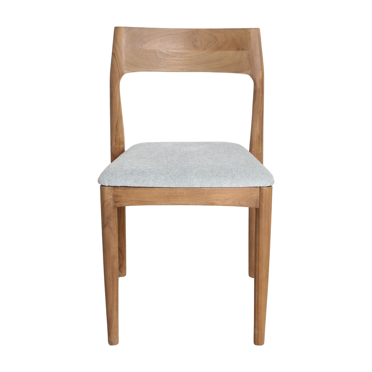 Kayu Living Freya dining chair crafted from sustainable teak wood with a light green upholstered seat