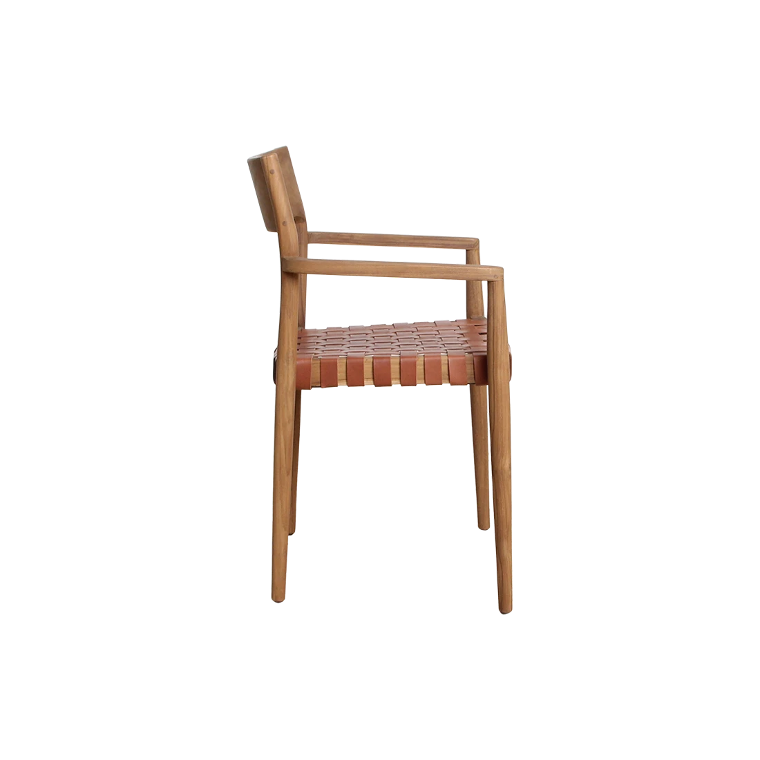 Kayu Living Freya teak dining chair with brown woven leather seat and armrests in a Scandinavian style.
