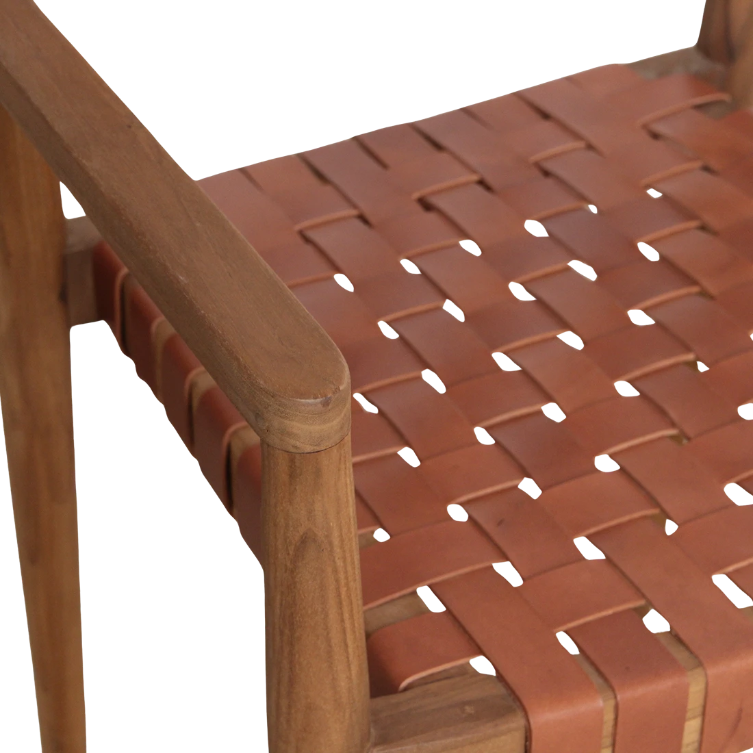 Kayu Living Freya brown teak dining chair with woven leather seat and armrests in a Scandinavian style.