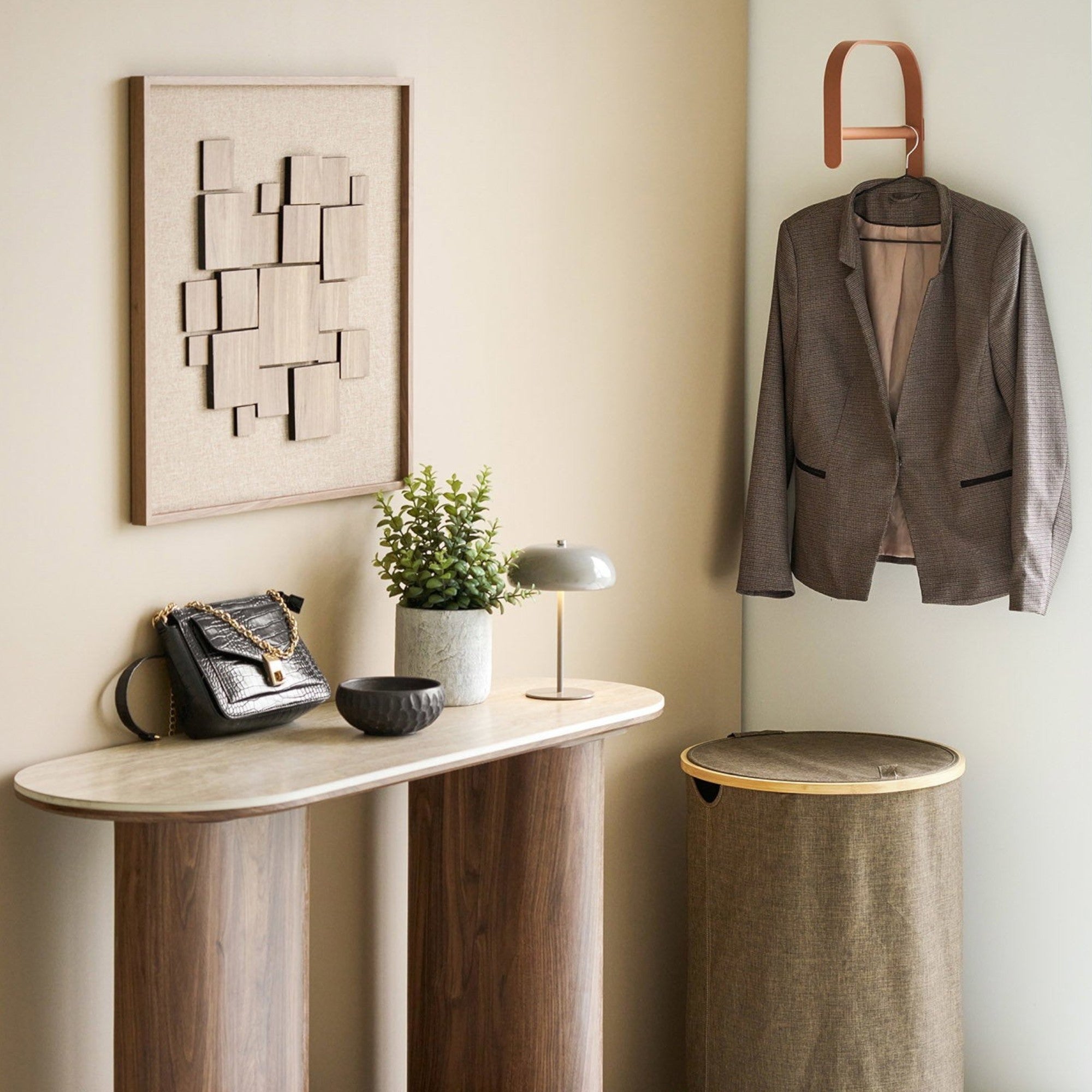 Kayu Living Gala Relief Wall Decoration featuring brown geometric wooden panels on a textured background
