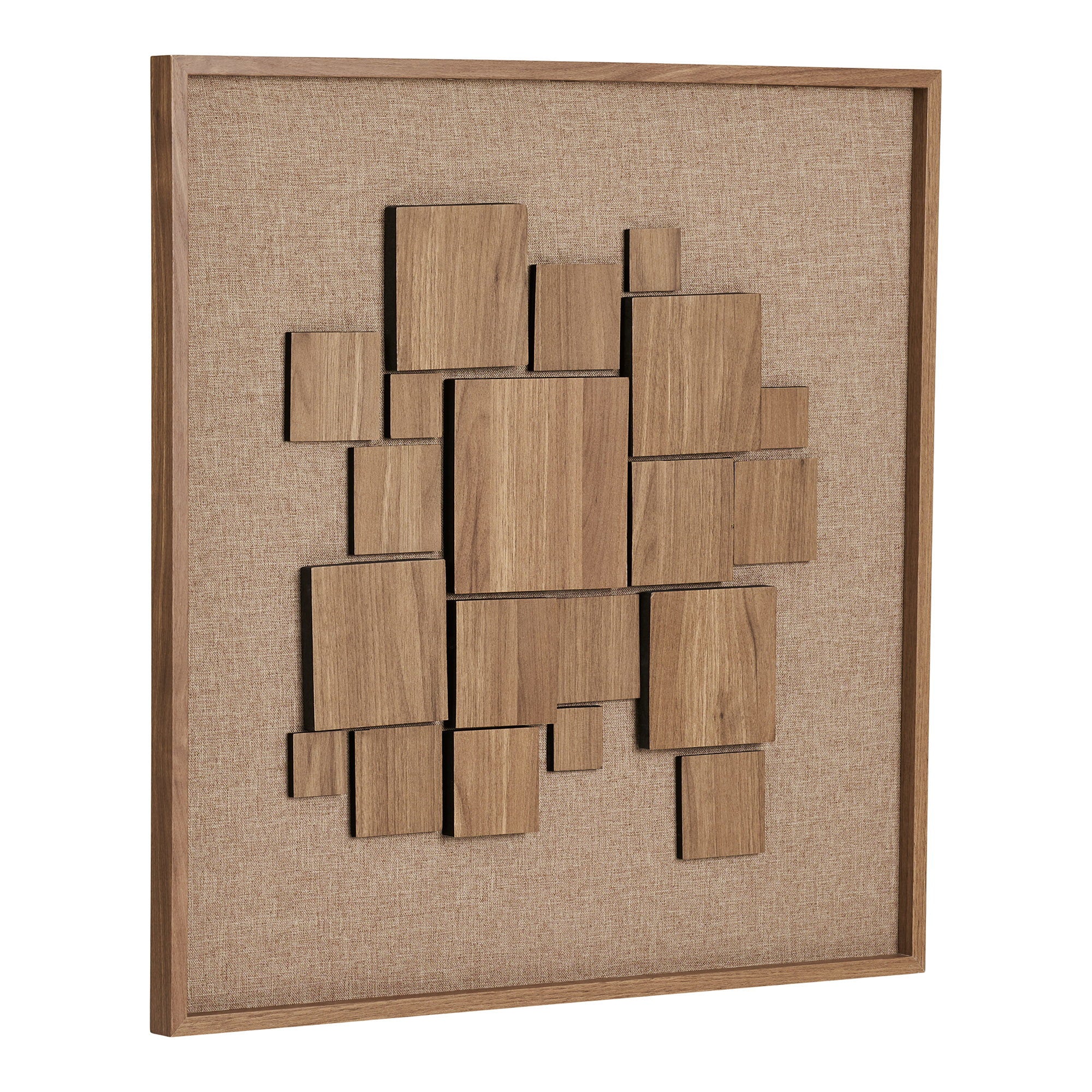 Kayu Living Gala relief wall art featuring layered brown wooden squares on a textured fabric background.