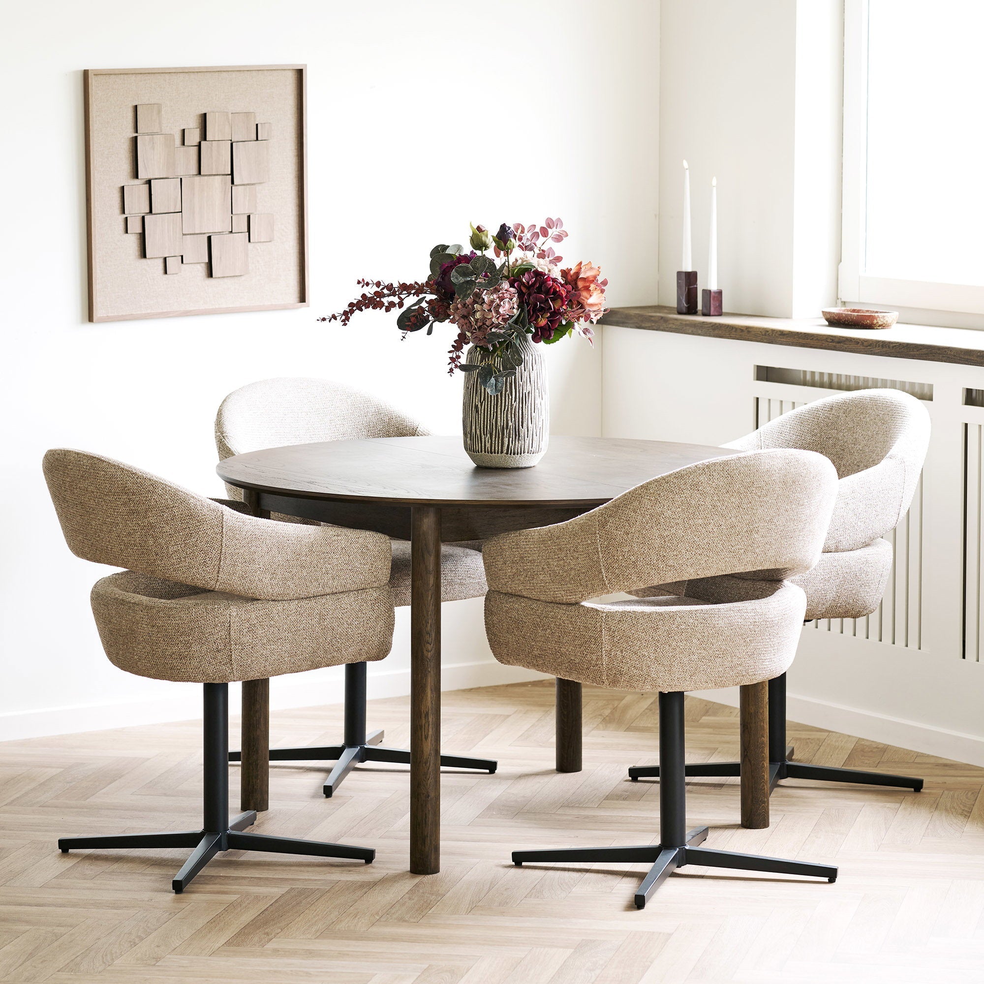 Kayu Living Gala Relief Wall Decoration in brown, featuring a geometric MDF and metal design on a dining room wall.