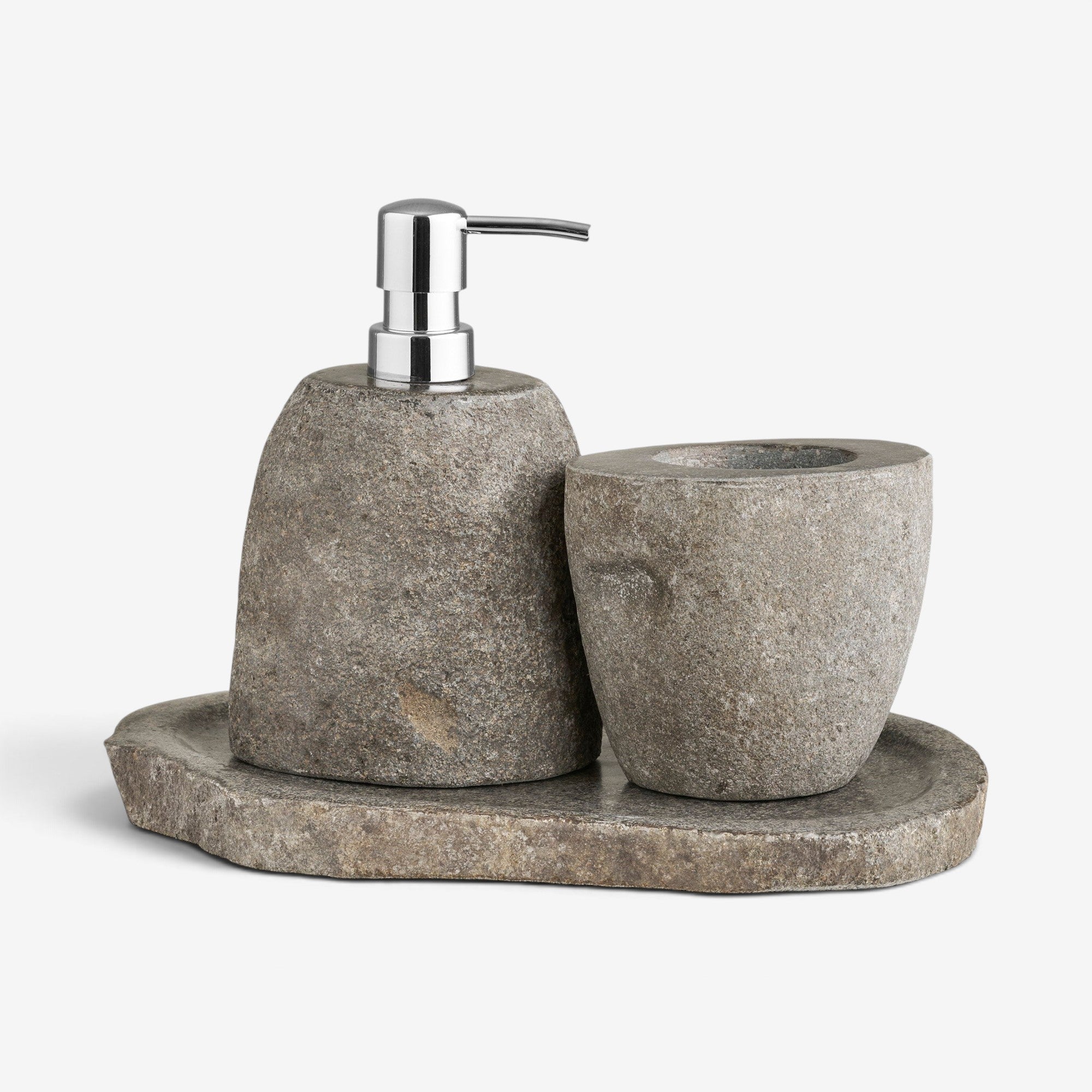 Kayu Living Gara three-piece bathroom set featuring a natural stone soap dispenser, storage cup, and matching tray.