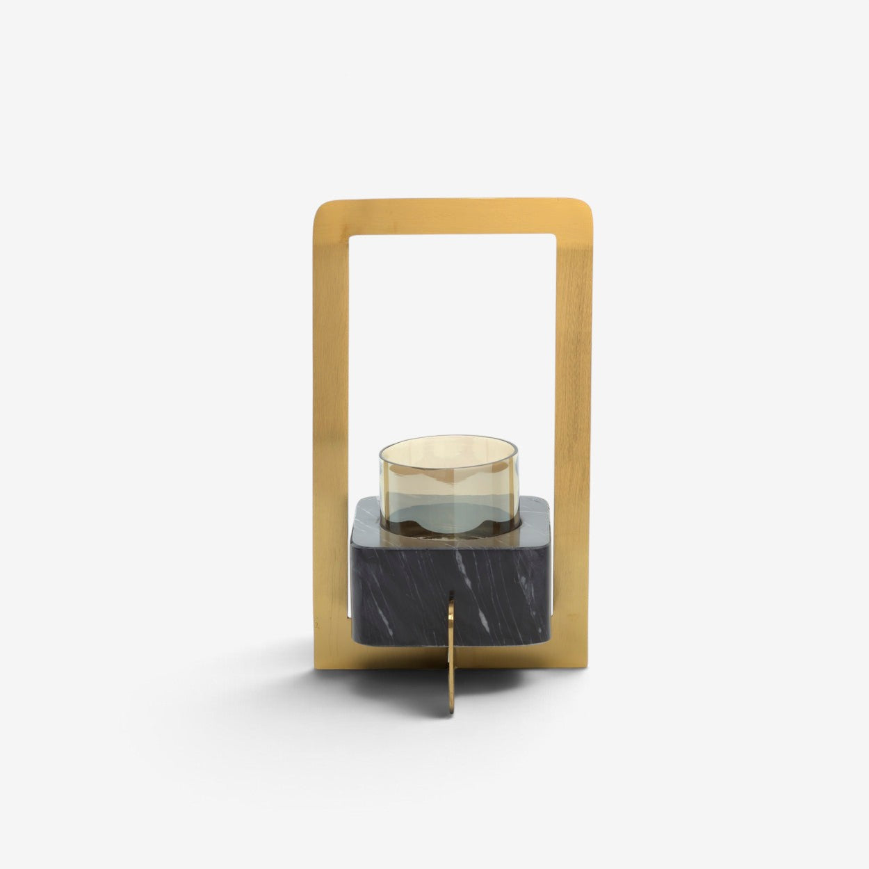 Kayu Living art-deco medium candle holder featuring a black marble base, gold brass frame, and glass insert.
