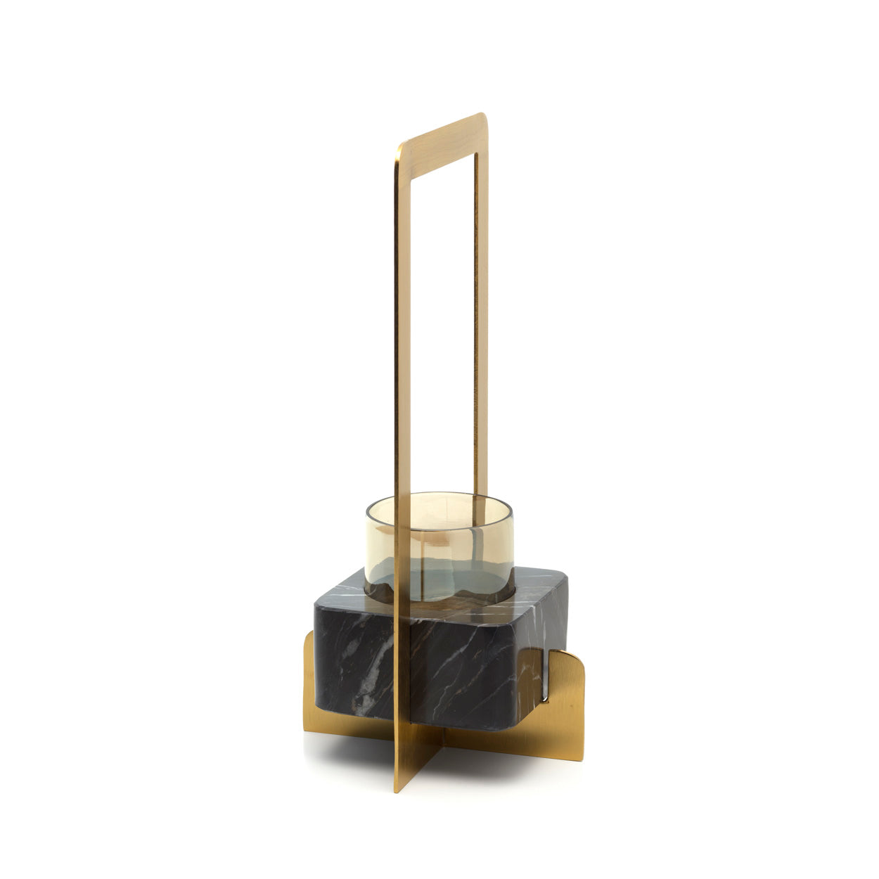 Kayu Living art-deco medium candle holder featuring a black marble base, gold brass frame, and glass insert.