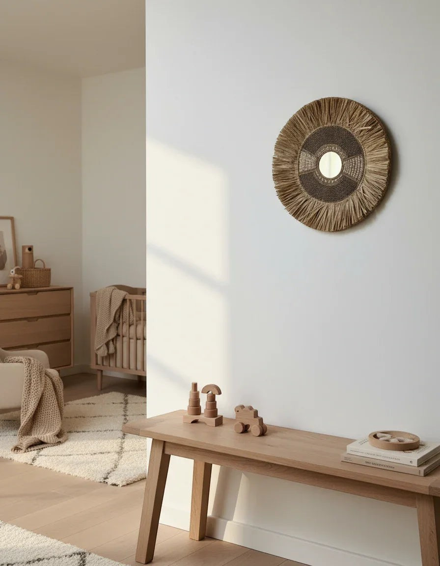 Kayu Living gold beaded shell and seagrass round mirror with fringe detail, 50cm diameter, boho coastal style.
