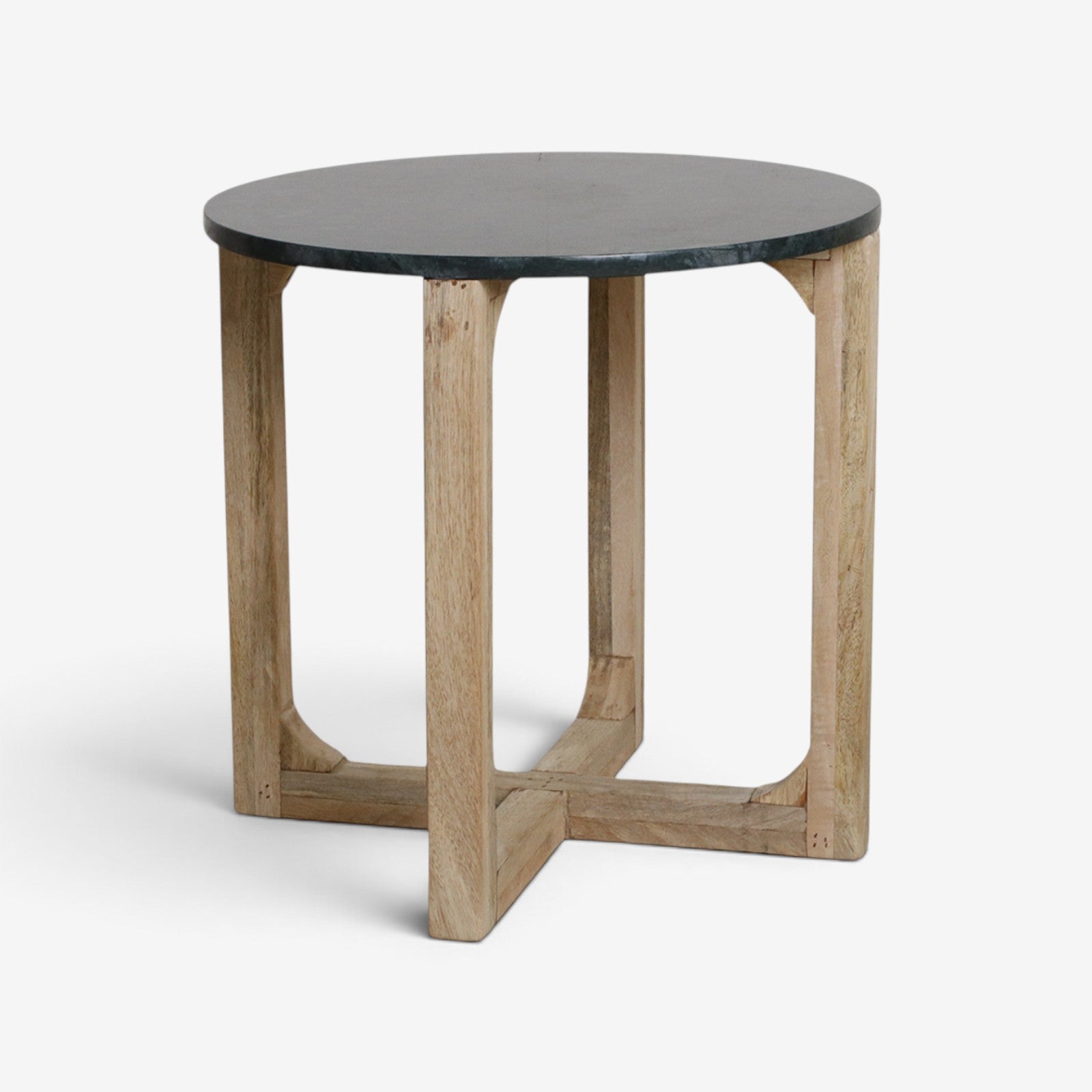 Kayu Living round side table with a deep green marble top and a sturdy light-toned mango wood cross-base.
