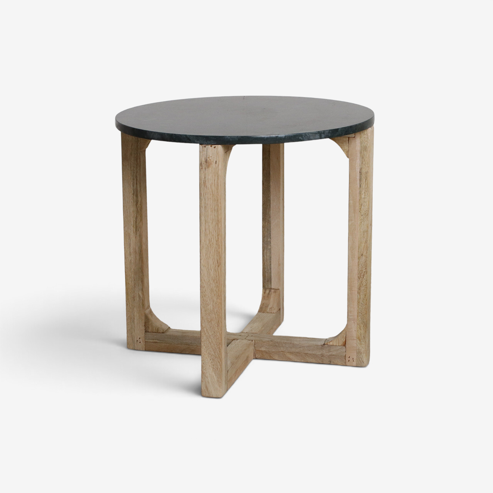 Kayu Living round side table with a deep green marble top and a sturdy cross-base made from natural mango wood.