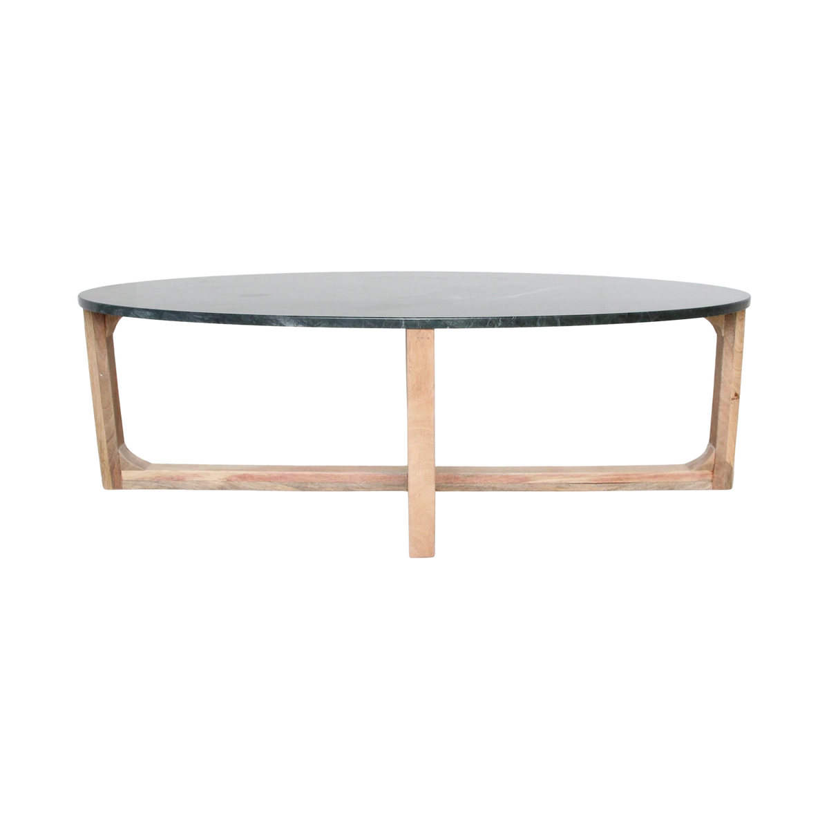 Kayu Living oval coffee table with a green marble top and a sustainable mango wood base on a white background