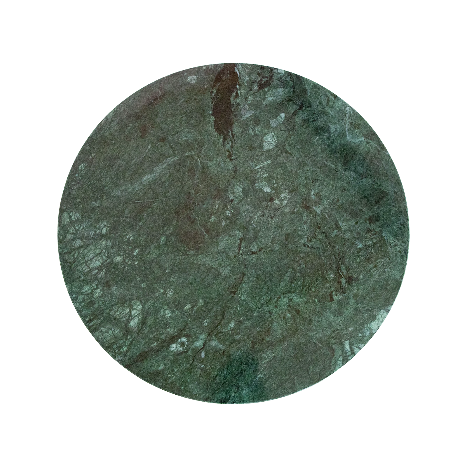 Kayu Living round side table top in deep green marble with unique natural veining patterns on a black background.