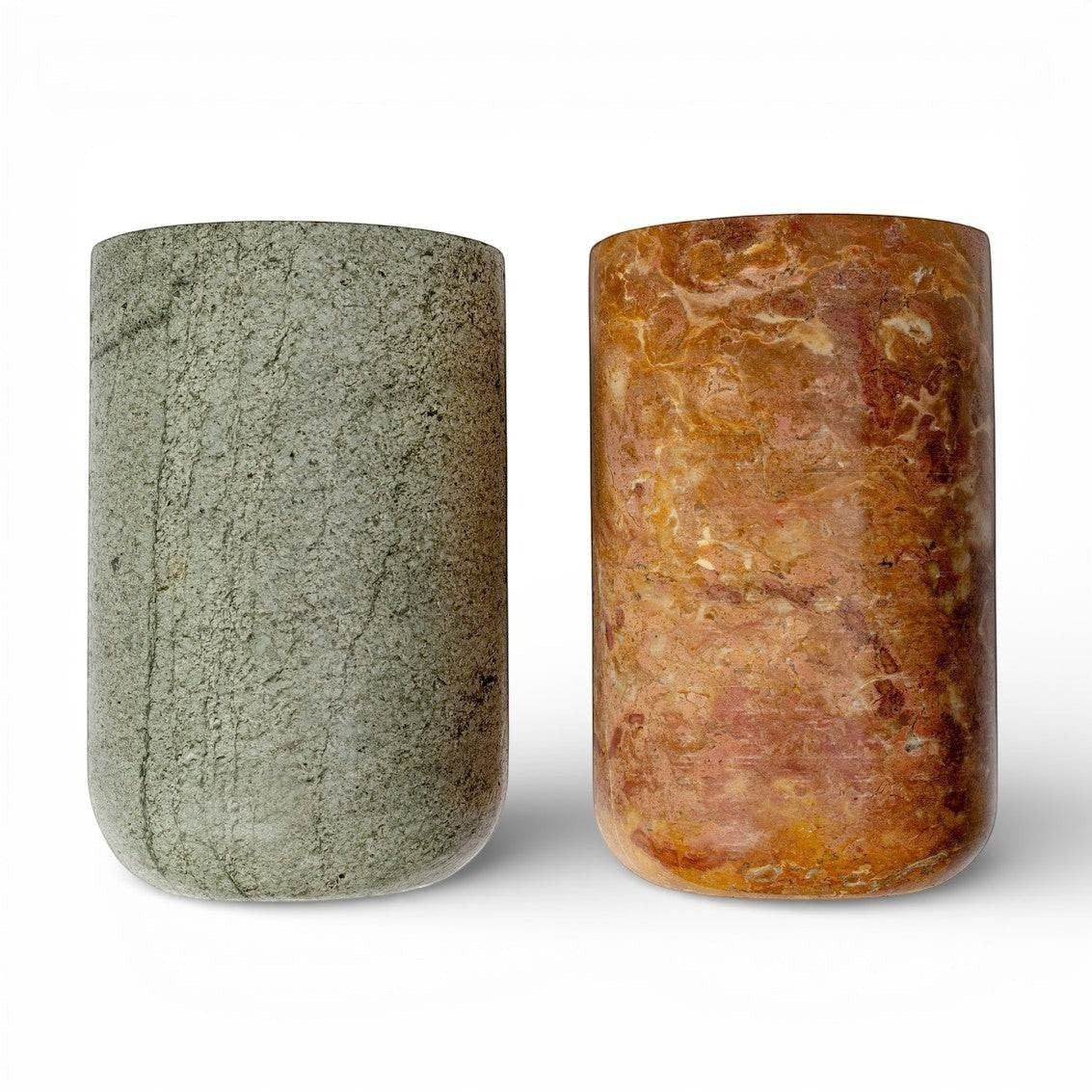 Kayu Living handcrafted green onyx stone wine cooler and vase with unique veining. Dual-purpose accent piece.