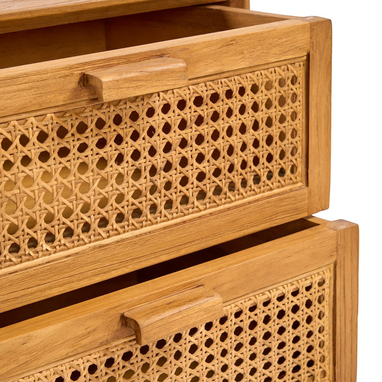 Kayu Living Harmony Nightstand featuring solid teak wood and handwoven rattan drawer fronts in a natural finish.