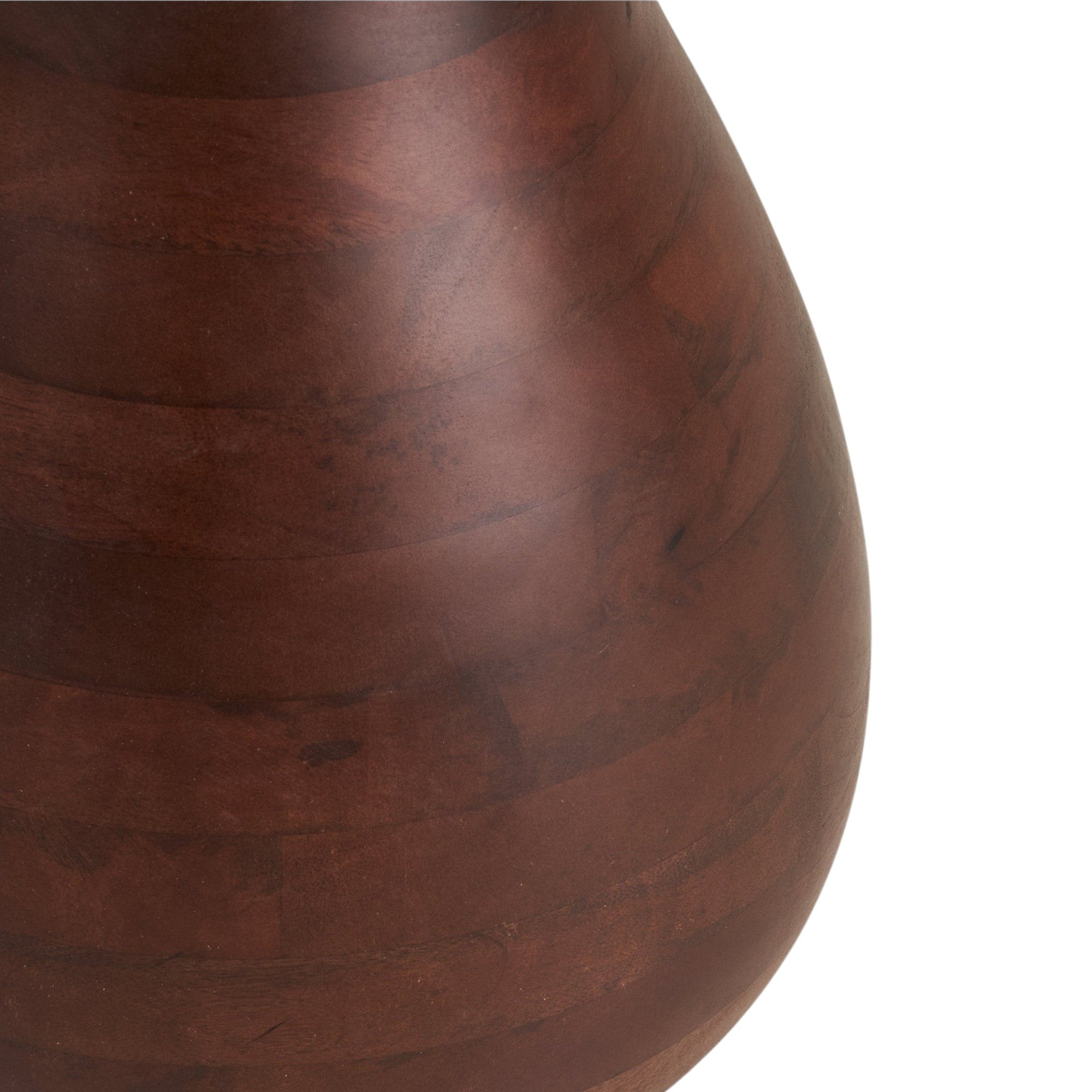 Close-up of the dark-brown mango wood base of the Kayu Living Heide side table showing smooth, curved grain texture.