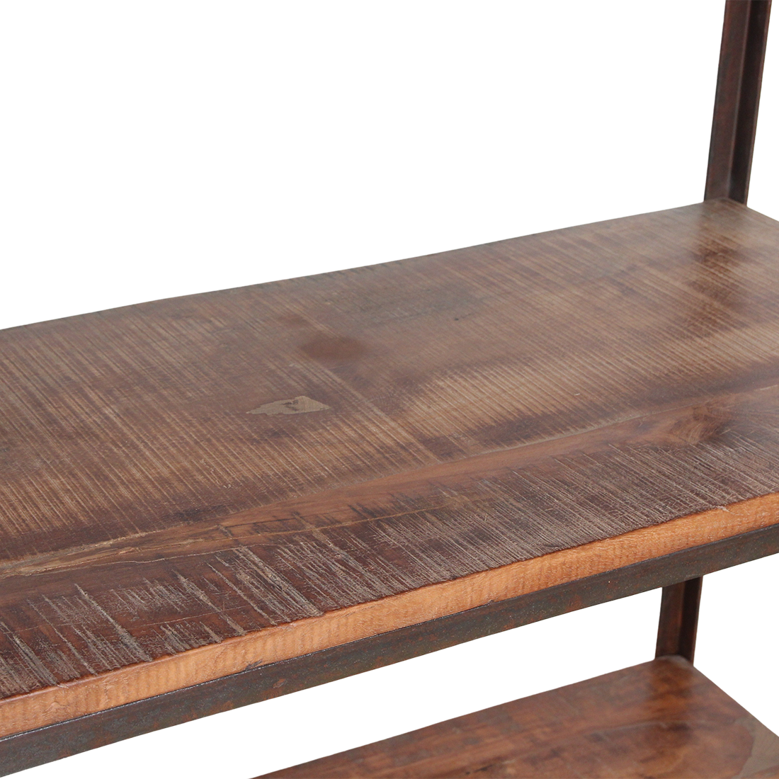 Kayu Living industrial tall iron rack featuring reclaimed brown hardwood shelves with a natural patina finish.
