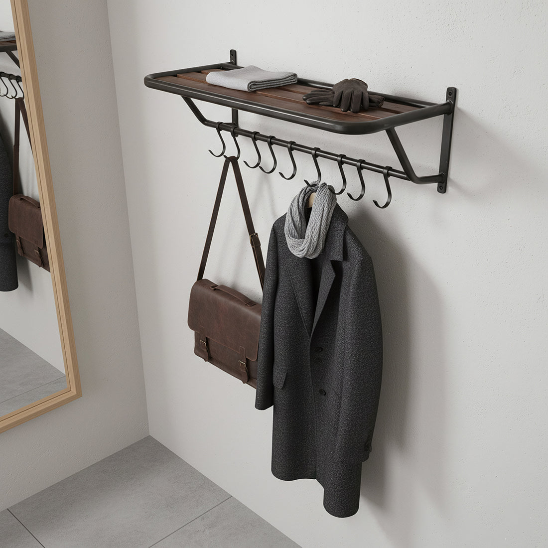 Kayu Living industrial wall-mounted coat rack with recycled wood shelf, black metal frame, and eight storage hooks.